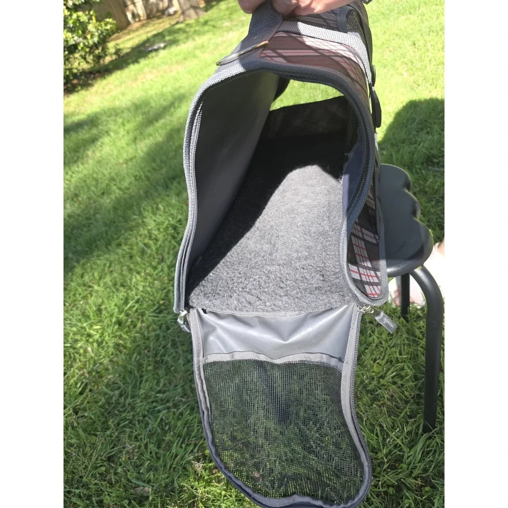 Plaid Soft Sided Pet Carrier Bag Grey Red Small Dog Cat Travel Tote Mesh Pockets